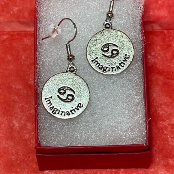 CANCER IRON & SILVER DOUBLE SIDED ZODIAC DROP EARRINGS - Picture 3 of 5